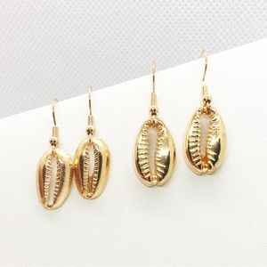 Earrings Cowrie Sea Shells Ocean Nautical Beach Gold Tone Boho Hippie 2 Pack